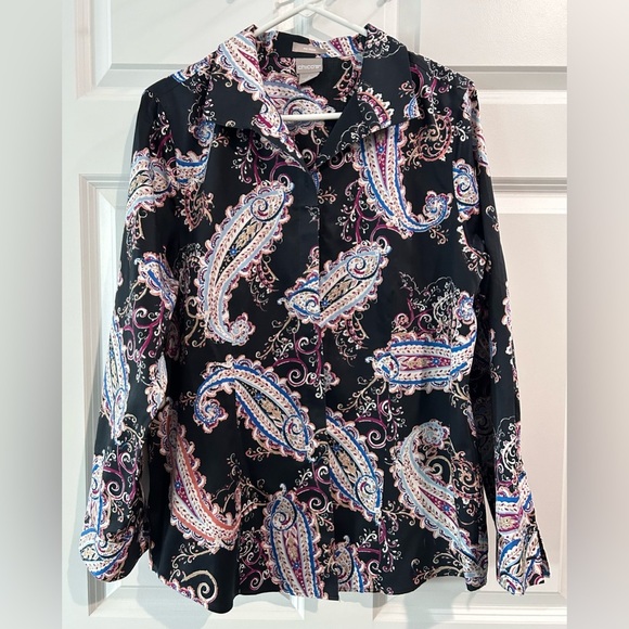 Chico's Paisley Button Front Blouse Size L No Iron Packable Office Contemporary - Picture 1 of 9